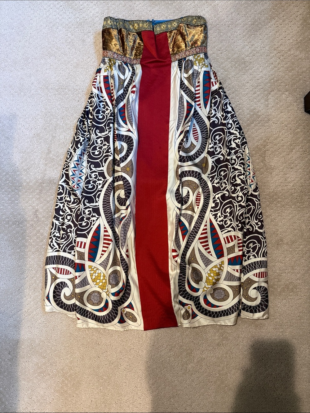 Nicole Millers 90s Bold Patterned Midi Skirt in Red, Black & Gold